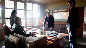 THE RAINMAKER -- Episode 108 -- Pictured: (l-r) Lana Parrilla as Jocelyn "Bruiser" Stone, Vincenzo Nicoli as J. Lyman Stone, P.J. Byrne as Deck Shifflet, Milo Callaghan as Rudy Baylor -- (Photo by: Chistopher Barr/USA Network)