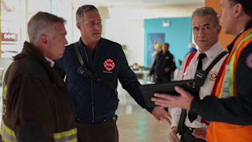 CHICAGO MED -- "In The Trenches: Part II" Episode 1011 -- Pictured: (l-r) David Eigenberg as Christopher Herrmann, Taylor Kinney as Kelly Severide, Dermot Mulroney as Chief Dom Pascal -- (Photo by: George Burns Jr/NBC)
