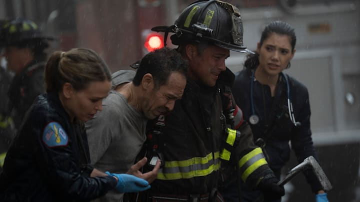 CHICAGO FIRE -- "Birds of Prey" Episode 1306 -- Pictured: (l-r) Jocelyn Hudon as Lyla Novak, Taylor Kinney as Kelly Severide, Hanako Greensmith as Violet Mikami 