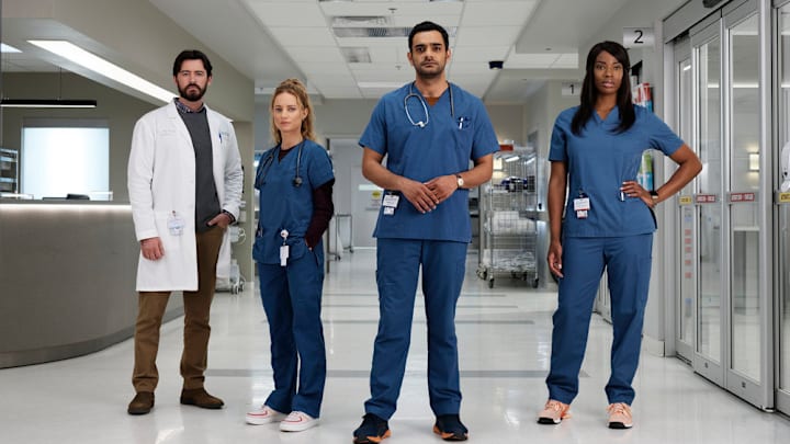 TRANSPLANT -- Season 3 Gallery -- Pictured: (l-r) Jim Watson as Dr. Theo Hunter, Laurence Leboeuf as Dr. Magalie Leblanc, Hamza Haq as Dr. Bashir Hamed, Ayisha Issa as Dr. June Curtis 