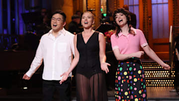 SATURDAY NIGHT LIVE -- Episode 1884 -- Pictured: (l-r) Bowen Yang, host Scarlett Johansson, and Sarah Sherman during the monologue on Saturday, May 17, 2025 