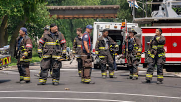 CHICAGO FIRE -- "Kicking Down Doors" Episode 1401 -- Pictured: (l-r) Anthony Ferraris as Tony Ferraris, Joe Minoso as Joe Cruz, Brandon Larracuente as Sal Vasquez, Taylor Kinney as Kelly Severide, Daniel Kyri as Darren Ritter, David Eigenberg as Christopher Herrmann, Miranda Rae Mayo as Stella Kidd -- (Photo by: Peter Gordon/NBC)