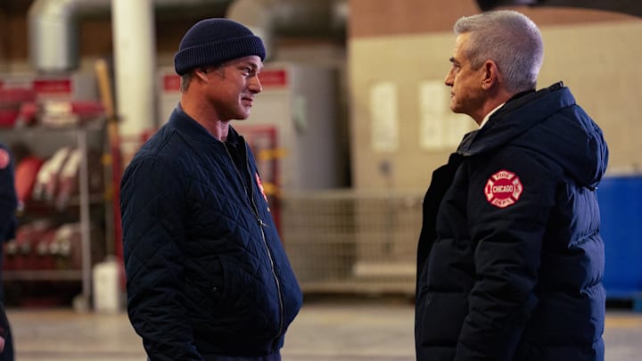 CHICAGO FIRE -- "A Beast Like This" Episode 13017 -- Pictured: (l-r) Taylor Kinney as Kelly Severide, Dermot Mulroney as Chief Dom Pascal -- (Photo by: Peter Gordon/NBC)