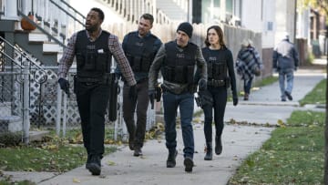 CHICAGO P.D. -- "Confidential" Episode 511 -- Pictured: (l-r) LaRoyce Hawkins as Kevin Atwater, Patrick John Flueger as Adam Ruzek, Jon Seda as Antonio Dawson, Marina Squerciati as Kim Burgess -- (Photo by: Matt Dinerstein/NBC)