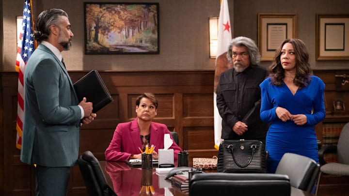 LOPEZ VS LOPEZ -- "Lopez vs Josué" Episode 307 -- Pictured: (l-r) Jaime Camil as Josué, Alexandra Billings as Paula, George Lopez as George, Selenis Leyva as Rosie