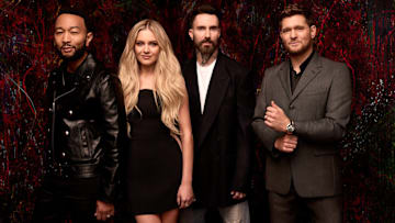 Pictured: (l-r) John Legend, Kelsea Ballerini, Adam Levine, and Michael Bublé in The Voice season 27
