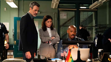 Pictured: (l-r) Reid Scott as Det. Vincent Riley, Maura Tierney as Lt. Jessica Brady, Mehcad Brooks as Det. Jalen Shaw in Law & Order season 24