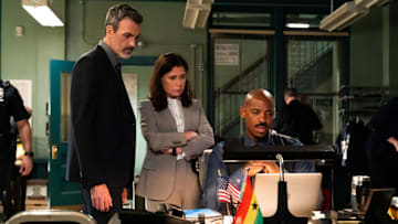 LAW & ORDER -- ""Big Brother"" Episode 24002 -- Pictured: (l-r) Reid Scott as Det. Vincent Riley, Maura Tierney as Lt. Jessica Brady, Mehcad Brooks as Det. Jalen Shaw