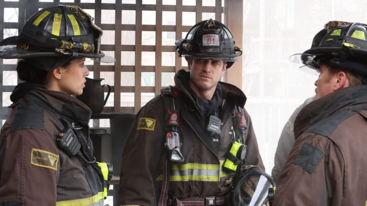 CHICAGO FIRE -- "The Little Things" Episode 12004 -- Pictured: (l-r) Miranda Rae Mayo as Stella Kidd, Jake Lockett as Sam Carver, Christian Stolte as Randy "Mouch" McHolland -- (Photo by: Adrian S Burrows Sr/NBC)