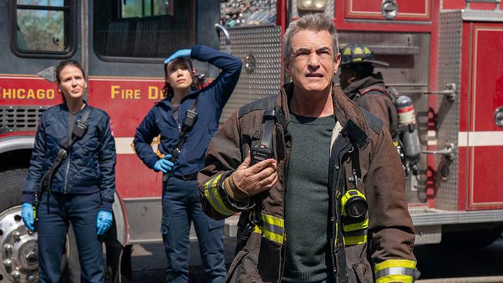 CHICAGO FIRE -- "Thank You" Episode 1421 -- Pictured: (l-r) Jocelyn Hudon as Lyla Novak, Hanako Greensmith as Violet Mikami, Dermot Mulroney as Dom Pascal 