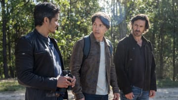 LA BREA -- "Sierra" Episode 301 -- Pictured: (l-r) Nicholas Gonzalez as Levi, Jon Seda as Dr. Sam, Eoin Macken as Gavin -- (Photo by: Mark Taylor/NBC)