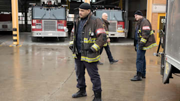 CHICAGO FIRE -- "Double Red" Episode 909 -- Pictured: (l-r) Joe Minoso as Joe Cruz, Randy Flagler as Harold Capp, Taylor Kinney as Kelly Severide -- (Photo by: Adrian S. Burrows Sr./NBC)