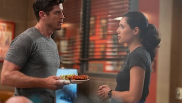 CHICAGO FIRE -- "A Monster In the Field" Episode 13001 -- Pictured: (l-r) Jake Lockett as Sam Carver, Hanako Greensmith as Violet Mikami -- (Photo by: Peter Gordon/NBC)