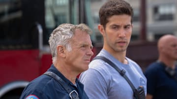 CHICAGO FIRE -- "In The Blood" Episode 1403 -- Pictured: (l-r) David Eigenberg as Christopher Herrmann, Brandon Larracuente as Sal Vasquez 