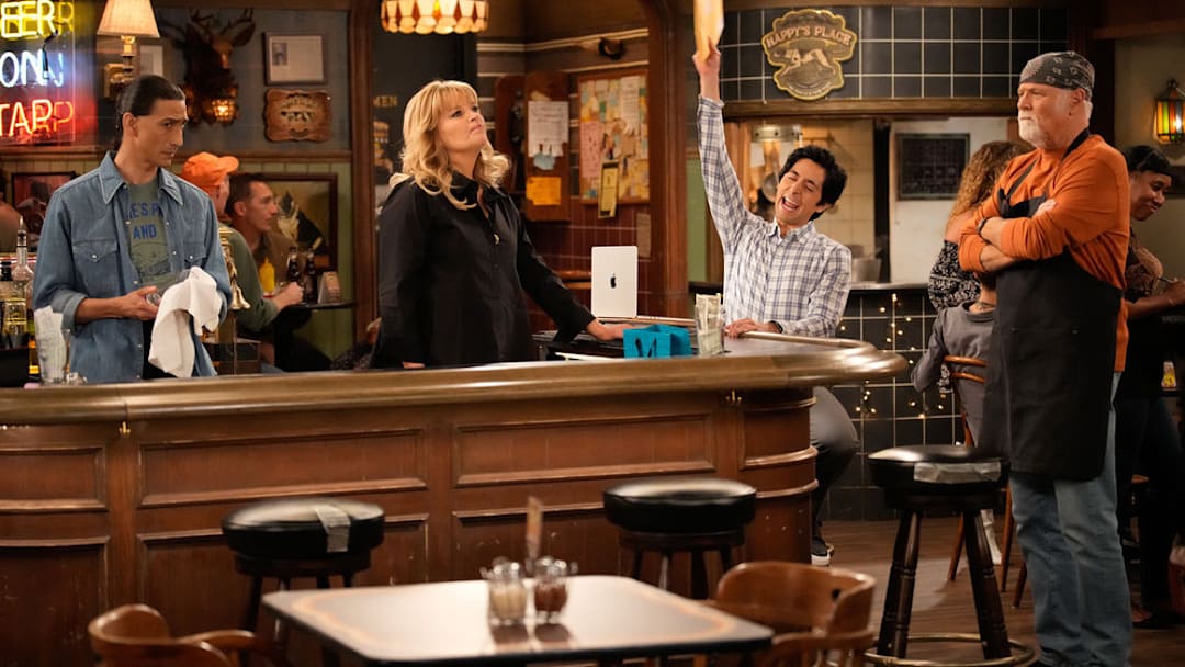 HAPPY'S PLACE -- "The Macallister Girls" Episode 110 -- Pictured: (l-r) Tokala Black Elk as Takoda, Melissa Peterman as Gabby, Pablo Castelblanco as Steve, Rex Linn as Emmett 