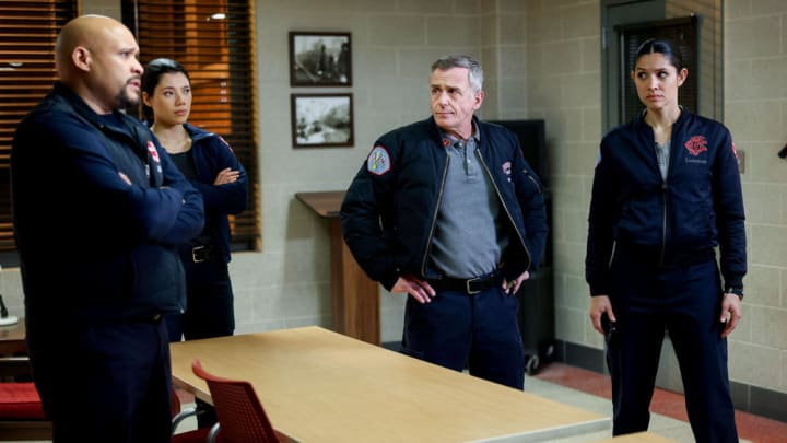 CHICAGO FIRE -- "Inside Man" Episode 12011 -- Pictured: (l-r) Joe Minoso as Joe Cruz, Hanako Greensmith as Violet Mikami, David Eigenberg as Christopher Herrmann, Miranda Rae Mayo as Stella Kidd -- (Photo by: Adrian Burrows/NBC)