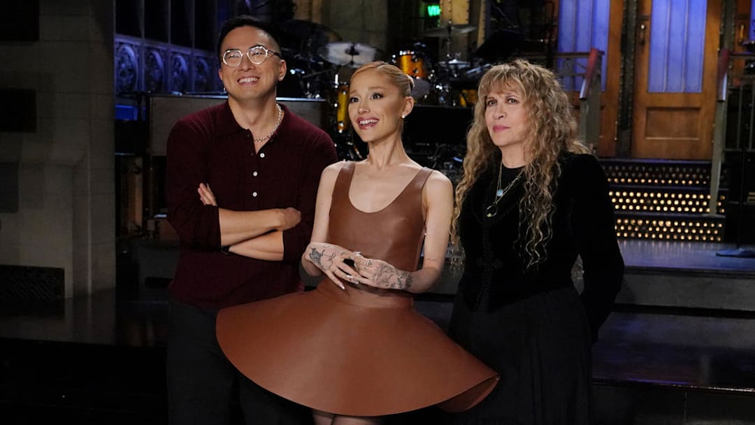 SATURDAY NIGHT LIVE -- Episode 1867 -- Pictured: (l-r) Bowen Yang, host Ariana Grande, and musical guest Stevie Nicks during Promos in Studio 8H on Thursday, October 10, 2024 