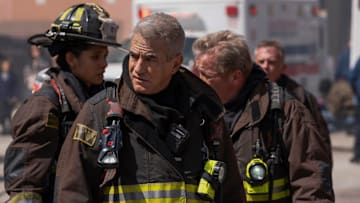 CHICAGO FIRE -- "It Had To End This Way" Episode 13022 -- Pictured: (l-r) Miranda Rae Mayo as Stella Kidd, Dermot Mulroney as Chief Dom Pascal, Christian Stolte as Randy Mouch McHolland -- (Photo by: Peter Gordon/NBC)
