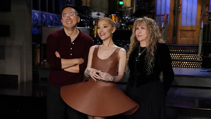 SATURDAY NIGHT LIVE -- Episode 1867 -- Pictured: (l-r) Bowen Yang, host Ariana Grande, and musical guest Stevie Nicks during Promos in Studio 8H on Thursday, October 10, 2024 