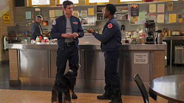 CHICAGO FIRE -- "Quicksand" Episode 13008 -- Pictured: (l-r) Jake Lockett as Sam Carver, Daniel Kyri as Darren Ritter