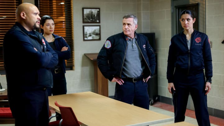 CHICAGO FIRE -- "Inside Man" Episode 12011 -- Pictured: (l-r) Joe Minoso as Joe Cruz, Hanako Greensmith as Violet Mikami, David Eigenberg as Christopher Herrmann, Miranda Rae Mayo as Stella Kidd -- (Photo by: Adrian Burrows/NBC)