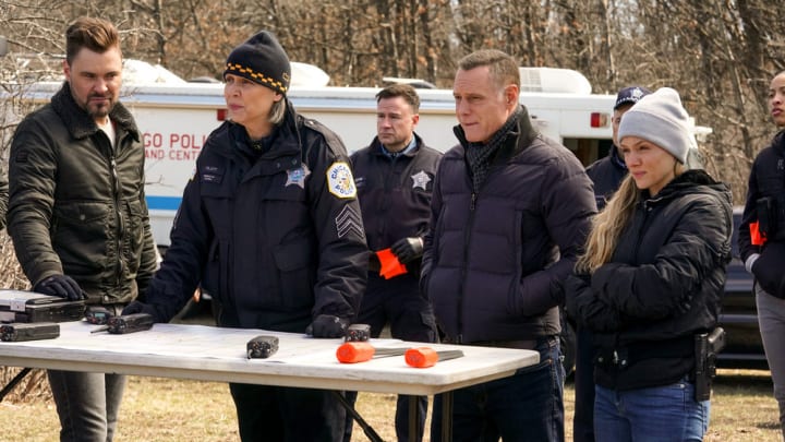 CHICAGO P.D. -- "Memory" Episode 920 -- Pictured: (l-r) Patrick John Flueger as Adam Ruzek, Amy Morton as Trudy Platt, Jason Beghe as Hank Voight, Tracy Spiridakos as Hailey -- (Photo by: Lori Allen/NBC)