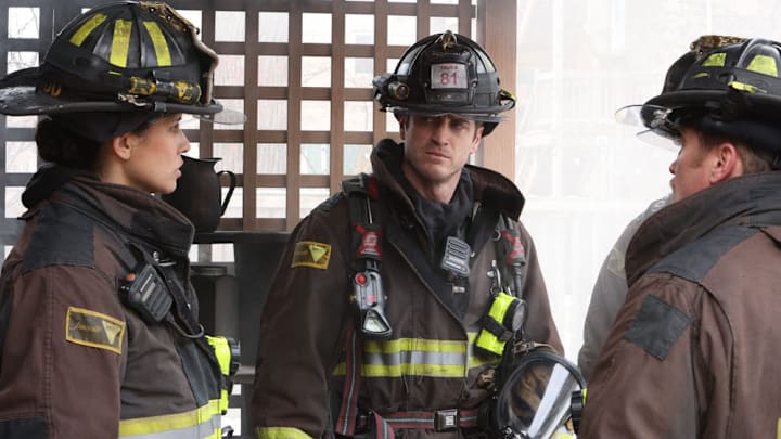 CHICAGO FIRE -- "The Little Things" Episode 12004 -- Pictured: (l-r) Miranda Rae Mayo as Stella Kidd, Jake Lockett as Sam Carver, Christian Stolte as Randy "Mouch" McHolland -- (Photo by: Adrian S Burrows Sr/NBC)