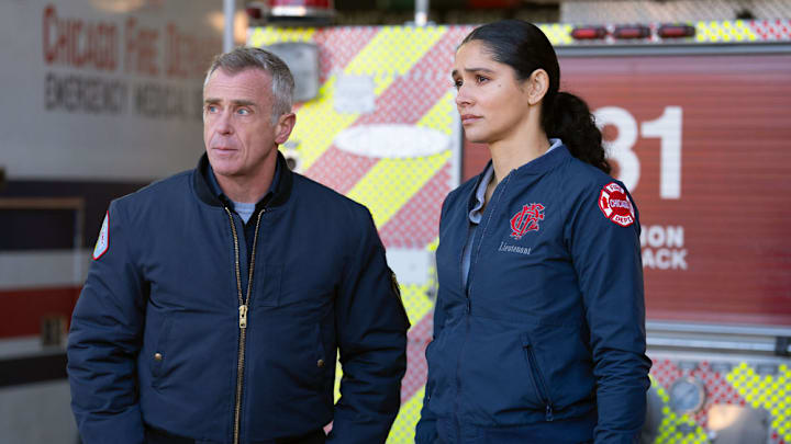CHICAGO FIRE -- "Frostbite Blue" Episode 1411 -- Pictured: (l-r) David Eigenberg as Christopher Herrmann, Miranda Rae Mayo as Stella Kidd 