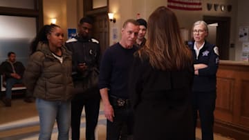CHICAGO P.D. -- "Name Image Likeness" Episode 12019 -- Pictured: (l-r) Toya Turner as Kiana Cook, Myles Alexander Evans as Damone, Jason Beghe as Hank Voight, Patrick John Flueger as Officer Adam Ruzek, Amy Morton as Desk Sgt. Trudy Platt -- (Photo by: Elizabeth Sisson/NBC)