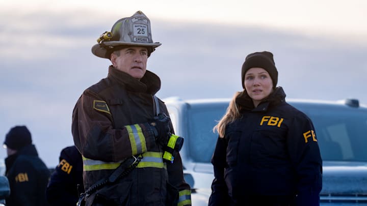 CHICAGO FIRE -- "Reckoning, Part 1" Episode 1415 -- Pictured: (l-r) Dermot Mulroney as Chief Dom Pascal, Tracy Spiridakos as Hailey Upton 