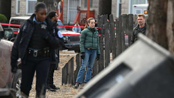 CHICAGO P.D. -- "Street Jesus" Episode 12013 -- Pictured: (l-r) LaRoyce Hawkins as Officer Kevin Atwater, Marina Squerciati as Officer Kim Burgess, Patrick John Flueger as Officer Adam Ruzek -- (Photo by: Lori Allen/NBC)