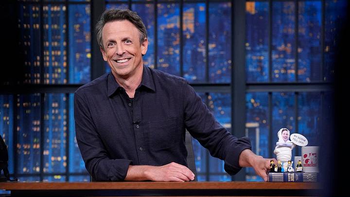 LATE NIGHT WITH SETH MEYERS -- Episode 1690 -- Pictured: Host Seth Meyers during the monologue on August 13, 2025 -- (Photo by: Lloyd Bishop/NBC)