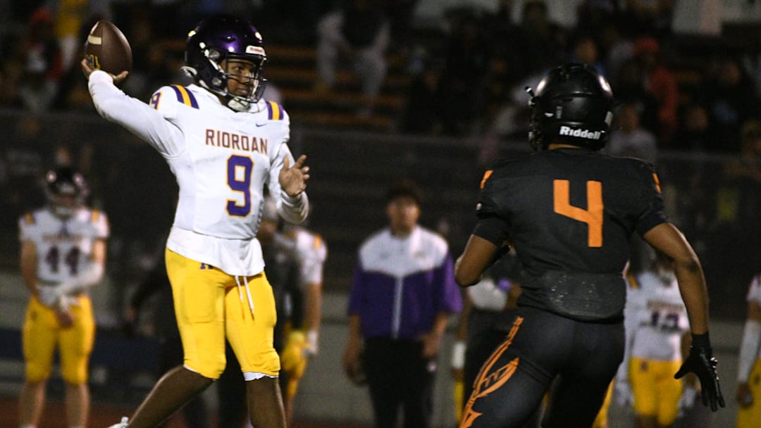 Riordan junior QB Michael Mitchell Jr. (9) completed 24 of 37 passes for 298 yards and three touchdowns in a 35-34 comeback win over host McClymonds to open the 2024 season. Mitchell completed TD passes of 16 and 40 yards to Cynai Thomas in the final six minutes, the latter with 43 seconds left to help the Crusaders to the unlikely win. After a tough loss to St. Bonaventure last week, the Crusaders have an even bigger challenge at Pittsburg Friday. 