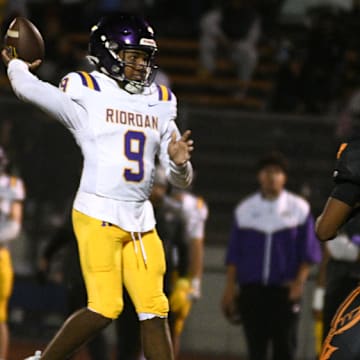 Riordan junior QB Michael Mitchell Jr. (9) completed 24 of 37 passes for 298 yards and three touchdowns in a 35-34 comeback win over host McClymonds to open the 2024 season. Mitchell completed TD passes of 16 and 40 yards to Cynai Thomas in the final six minutes, the latter with 43 seconds left to help the Crusaders to the unlikely win. After a tough loss to St. Bonaventure last week, the Crusaders have an even bigger challenge at Pittsburg Friday. 