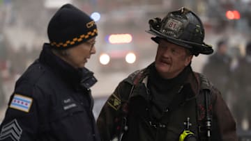CHICAGO FIRE -- "In The Trenches: Part I" Episode 13011 -- Pictured: (l-r) Amy Morton as Desk Sgt. Trudy Platt, Christian Stolte as Randy "Mouch" McHolland -- (Photo by: Peter Gordon/NBC)