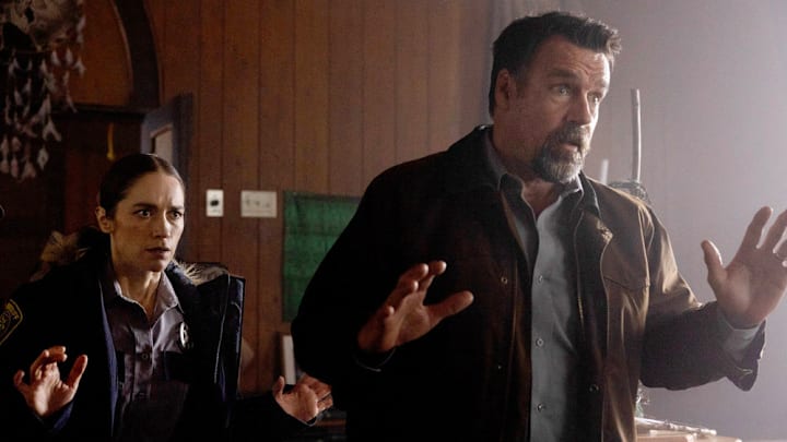 REVIVAL -- "Rend the Veil" Episode 110 -- Pictured: (l-r) Melanie Scrofano as Dana Cypress, David James Elliott as Sheriff Wayne Cypress -- (Photo by: Naomi Peters/Lavivier Productions/SYFY)