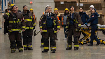 CHICAGO FIRE -- "In The Rubble" Episode 13016 -- Pictured: (l-r) Taylor Kinney as Kelly Severide, Joe Miñoso as Joe Cruz, Dermot Mulroney as Chief Dom, Miranda Rae Mayo as Stella Kidd, Jocelyn Hudon as Lizzy Novak -- (Photo by: Peter Gordon/NBC)