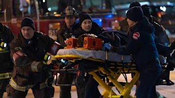 CHICAGO FIRE -- "Too Close" Episode 13015 -- Pictured: (l-r) Anthony Ferraris as Tony Ferraris, David Eigenberg as Christopher Herrmann, Hanako Greensmith as Violet Mikami, Jocelyn Hudon as Lizzy Novak -- (Photo by: Peter Gordon/NBC)