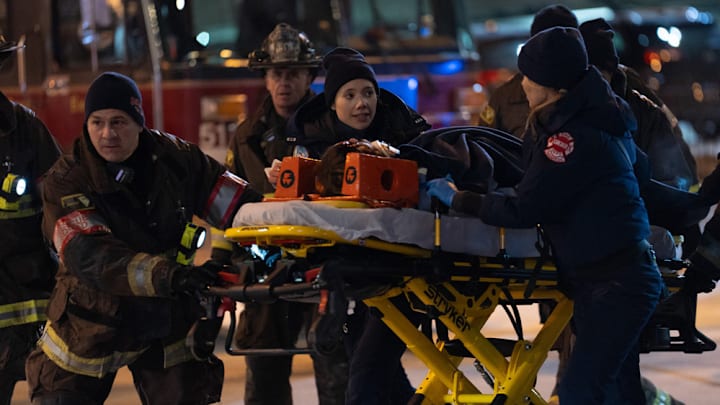 CHICAGO FIRE -- "Too Close" Episode 13015 -- Pictured: (l-r) Anthony Ferraris as Tony Ferraris, David Eigenberg as Christopher Herrmann, Hanako Greensmith as Violet Mikami, Jocelyn Hudon as Lizzy Novak -- (Photo by: Peter Gordon/NBC)