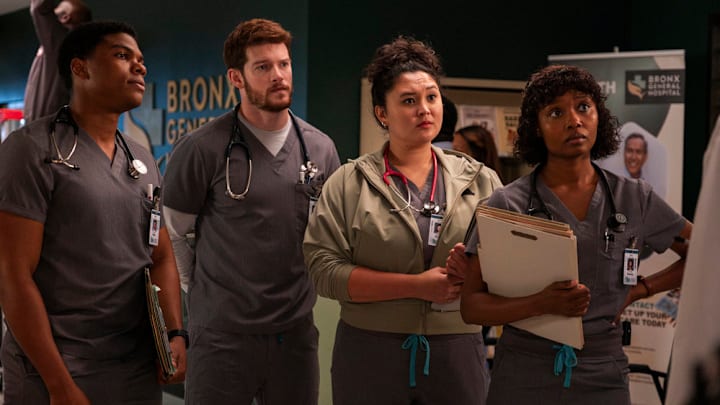 BRILLIANT MINDS -- "The Other Woman" Episode 111 -- Pictured: (l-r) Spence Moore II as Dr. Jacob Nash, Alex MacNicoll as Dr. Van Markus, Aury Krebs as Dr. Dana Dang, Ashleigh LaThrop as Dr. Ericka Kinney