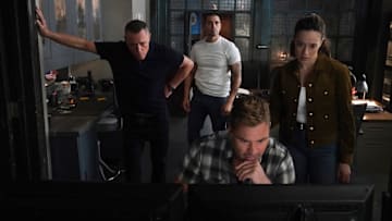 CHICAGO P.D. -- "Off Switch" Episode 12003 -- Pictured: (l-r) Jason Beghe as Sgt. Hank Voight, Benjamin Levy Aguilar as Dante Torres, Patrick John Flueger as Officer Adam Ruzek, Marina Squerciati as Officer Kim Burgess -- (Photo by: Elizabeth Sisson/NBC)