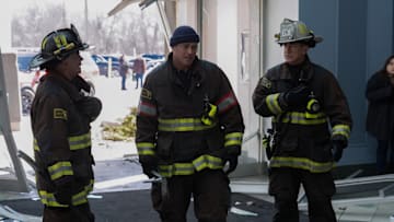 CHICAGO FIRE -- "A Beast Like This" Episode 13017 -- Pictured: (l-r) David Eigenberg as Christopher Herrmann, Taylor Kinney as Kelly Severide, Dermot Mulroney as Chief Dom Pascal -- (Photo by: Peter Gordon/NBC)