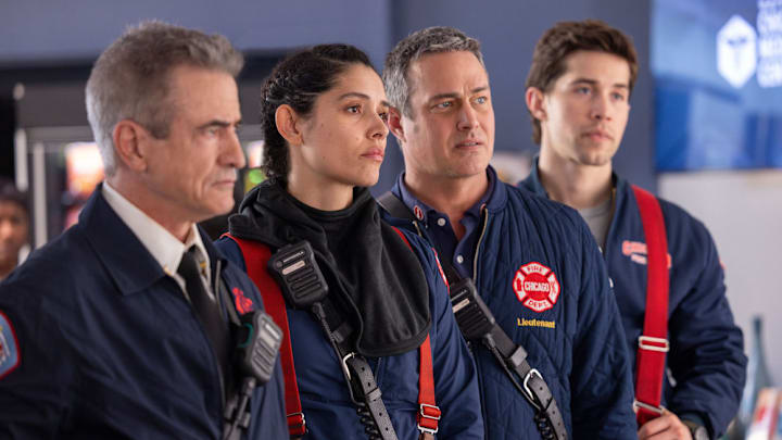 CHICAGO MED -- "Reckoning, Part 2" Episode 1117 -- Pictured: (l-r) Dermot Mulroney as Dom Pascal, Miranda Rae Mayo as Stella Kidd, Taylor Kinney as Kelly Severide, Brandon Larracuente as Sal Vasquez 