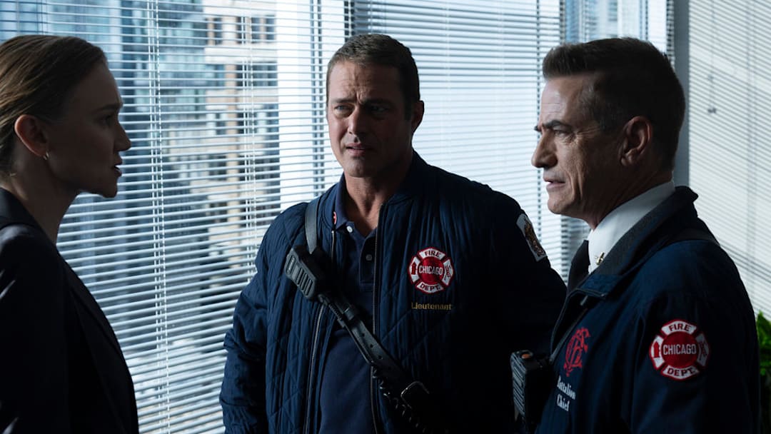 CHICAGO FIRE -- "Untouchable" Episode 13007 -- Pictured: (l-r) Taylor Kinney as Kelly Severide, Dermot Mulroney as Chief Dom Pascal