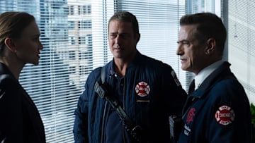 CHICAGO FIRE -- "Untouchable" Episode 13007 -- Pictured: (l-r) Taylor Kinney as Kelly Severide, Dermot Mulroney as Chief Dom Pascal