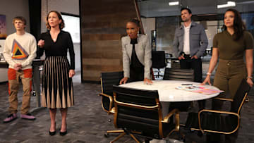 FOUND -- "Missing While a Family" Episode 221 -- Pictured: (l-r) Parker Daniel Queenan as Jamie, Kelli Williams as Margaret, Shanola Hampton as Gabi Mosely, Brett Dalton as Detective Mark Trent, Gabrielle Walsh as Lacey --