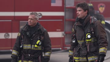 CHICAGO FIRE -- "It Had To End This Way" Episode 13022 -- Pictured: (l-r) David Eigenberg as Christopher Herrmann, Michael Bradway As Jack Damon