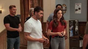 CHICAGO P.D. -- "Consequences" Episode 1301 -- Pictured: (l-r) Patrick John Flueger as Officer Adam Ruzek, Amy Morton as Desk Sgt. Trudy Platt, Benjamin Levy Aguilar as Dante Torres, LaRoyce Hawkins as Officer Kevin Atwater, Marina Squerciati as Officer Kim Burgess -- (Photo by: Elizabeth Sisson/NBC)
