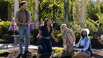 GROSSE POINTE GARDEN SOCIETY -- "Companion Planting" Episode 103 -- Pictured: (l-r) Ben Rappaport as Brett, Melissa Fumero as Birdie, AnnaSophia Robb as Alice, Aja Naomi King as Catherine -- (Photo by: Mark Hill/NBC)