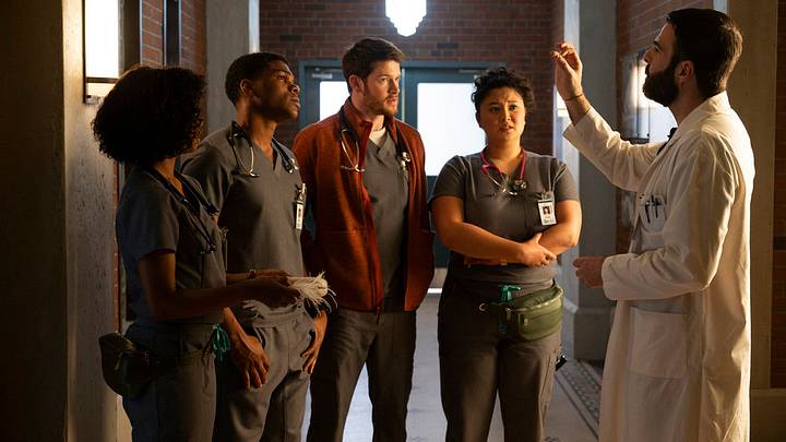 BRILLIANT MINDS -- "The Blackout Bride" Episode 104 -- Pictured: (l-r) Ashleigh LaThrop as Dr. Ericka Kinney, Spence Moore II as Dr. Jacob Nash, Alex MacNicoll as Dr. Van Markus, Aury Krebs as Dr. Dana Dang, Zachary Quinto as Dr. Oliver Wolf
